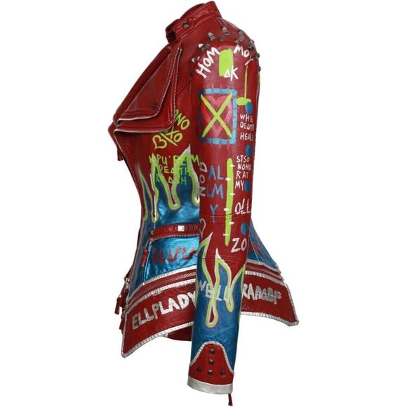 Women's Punk Floral Embroidered short Faux Leather Jacket . - Picture 3 of 4